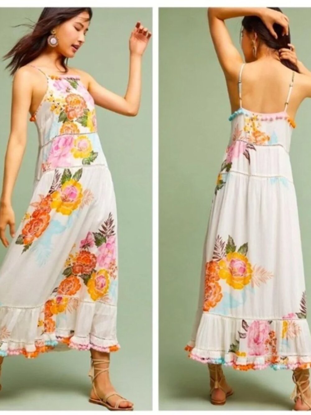 Farm Rio Womens M Maxi dress Pom Pom Havana Floral Tropical Beachy Cream pink